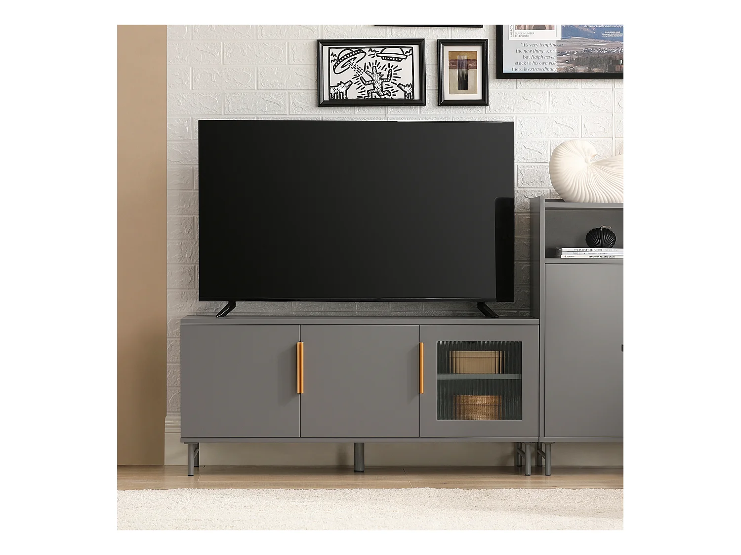 SoBuy FSR130-HG Schoenenkast, TV-Meubel, Lage Kast, Multifunctionele Kast, Vrijstaande Opbergkast Opbergplank met 3 Deuren en Verstelbare Planken