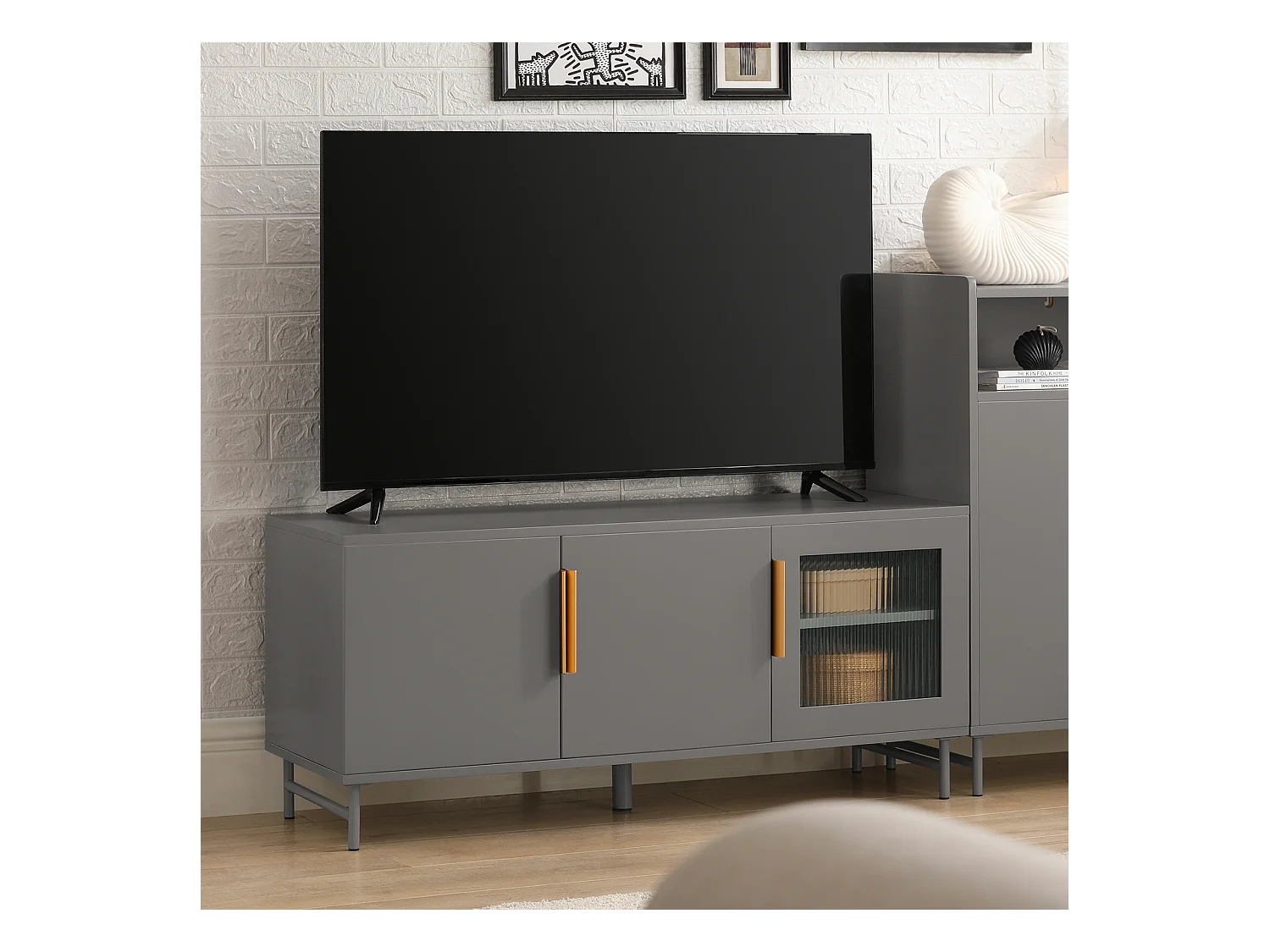 SoBuy FSR130-HG Schoenenkast, TV-Meubel, Lage Kast, Multifunctionele Kast, Vrijstaande Opbergkast Opbergplank met 3 Deuren en Verstelbare Planken
