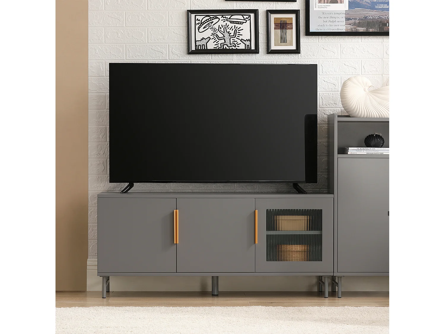 SoBuy FSR130-HG Schoenenkast, TV-Meubel, Lage Kast, Multifunctionele Kast, Vrijstaande Opbergkast Opbergplank met 3 Deuren en Verstelbare Planken