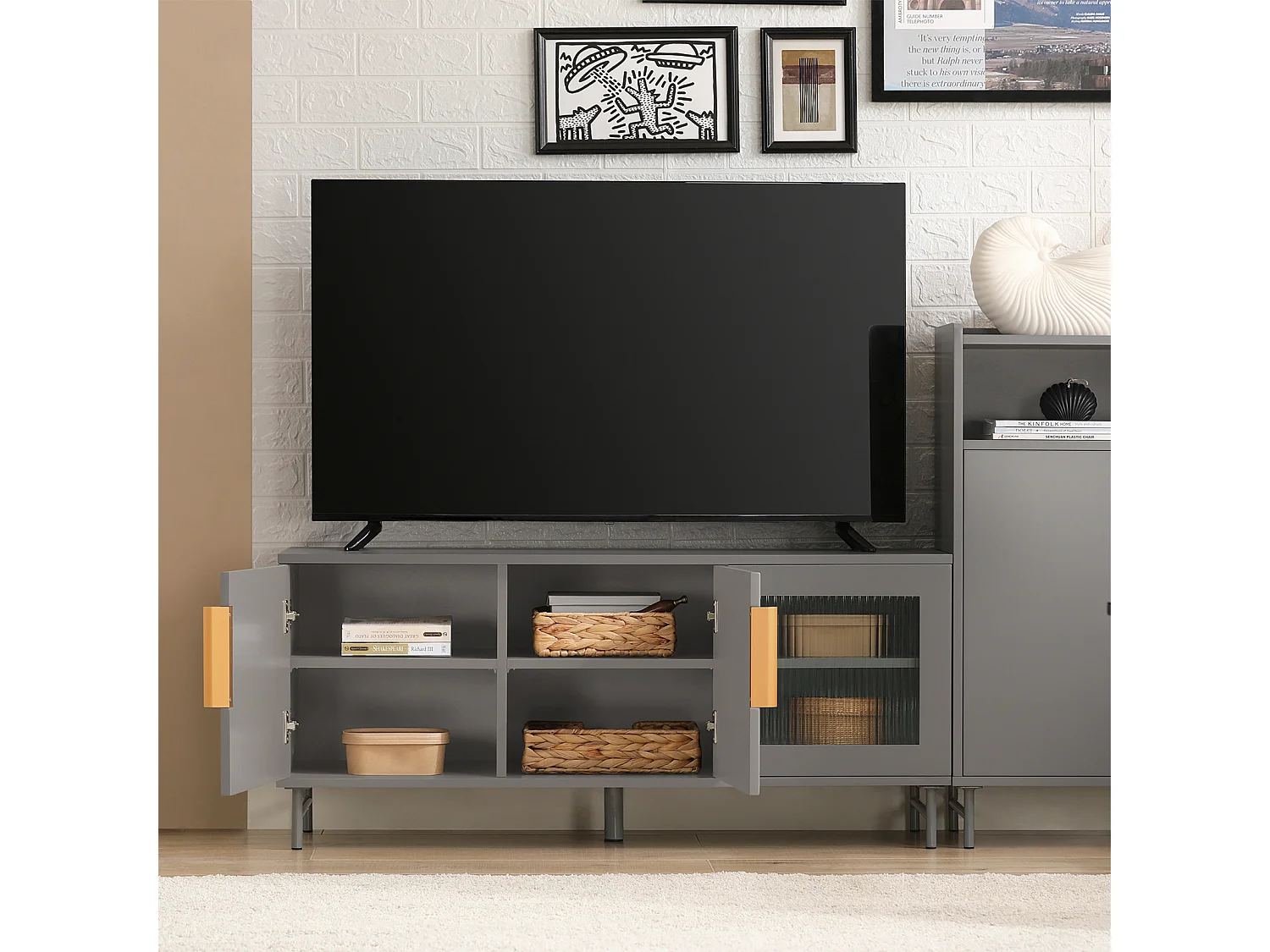 SoBuy FSR130-HG Schoenenkast, TV-Meubel, Lage Kast, Multifunctionele Kast, Vrijstaande Opbergkast Opbergplank met 3 Deuren en Verstelbare Planken