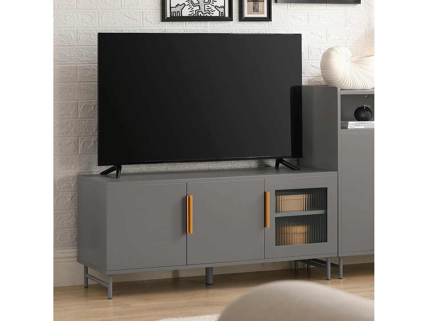 SoBuy FSR130-HG Schoenenkast, TV-Meubel, Lage Kast, Multifunctionele Kast, Vrijstaande Opbergkast Opbergplank met 3 Deuren en Verstelbare Planken