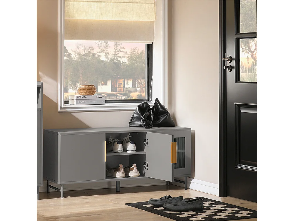 SoBuy FSR130-HG Schoenenkast, TV-Meubel, Lage Kast, Multifunctionele Kast, Vrijstaande Opbergkast Opbergplank met 3 Deuren en Verstelbare Planken