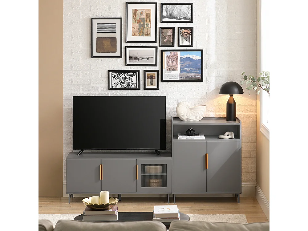 SoBuy FSR130-HG Schoenenkast, TV-Meubel, Lage Kast, Multifunctionele Kast, Vrijstaande Opbergkast Opbergplank met 3 Deuren en Verstelbare Planken