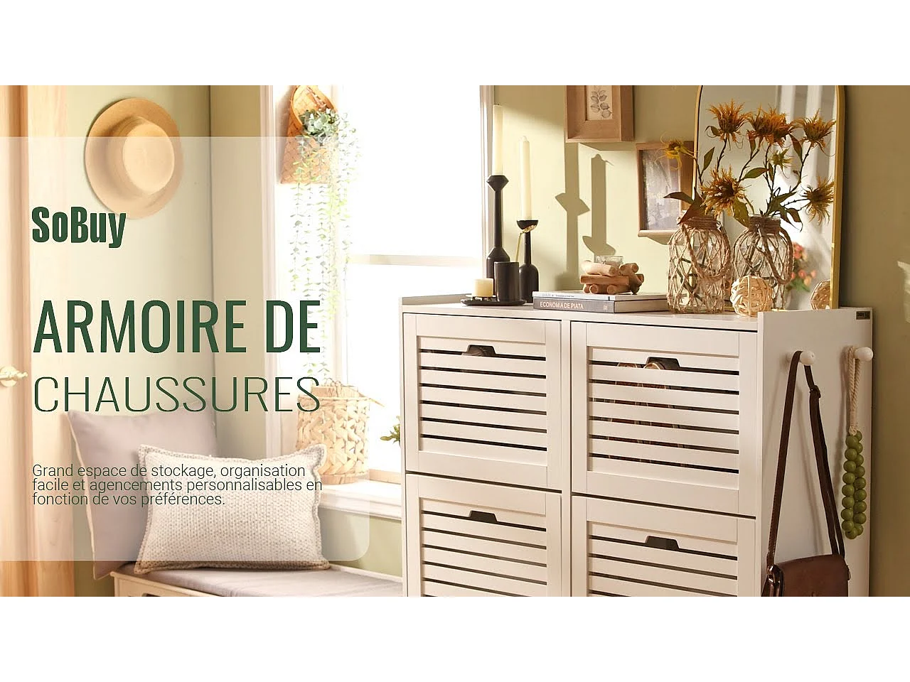 Meuble de Rangement à Chaussures Armoire à Chaussures Commode à Chaussures 3 abattants, FSR108-W