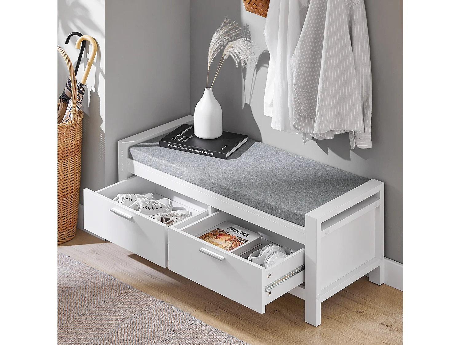 Banc de Rangement à Chaussures avec Coussin Rembourré Commode à Chaussures Meuble d'entrée, FSR74-W