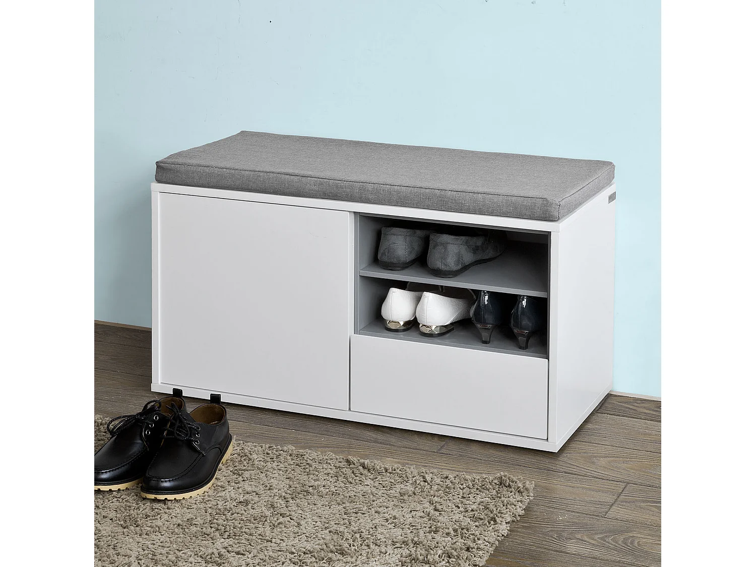 Banc de Rangement à Chaussures avec Coussin rembourré, tiroir et Étagères Meuble d'Entrée, FSR37-W