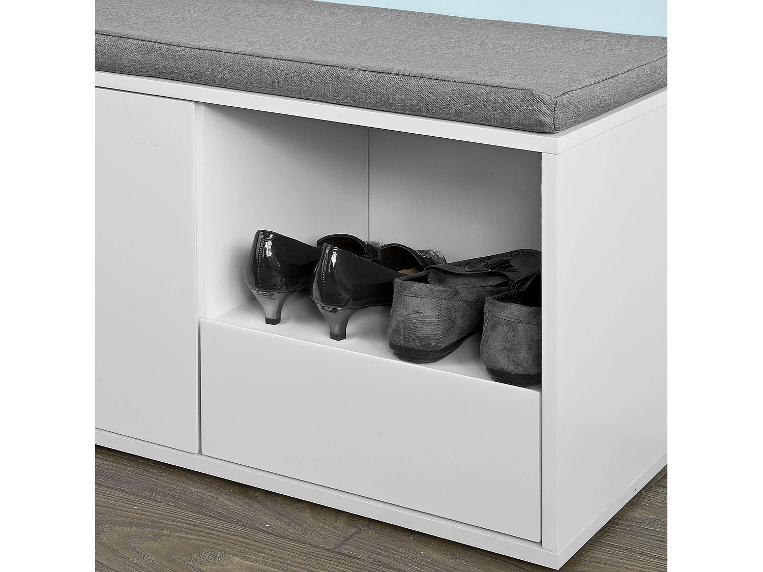 Banc de Rangement à Chaussures avec Coussin rembourré, tiroir et Étagères Meuble d'Entrée, FSR37-W