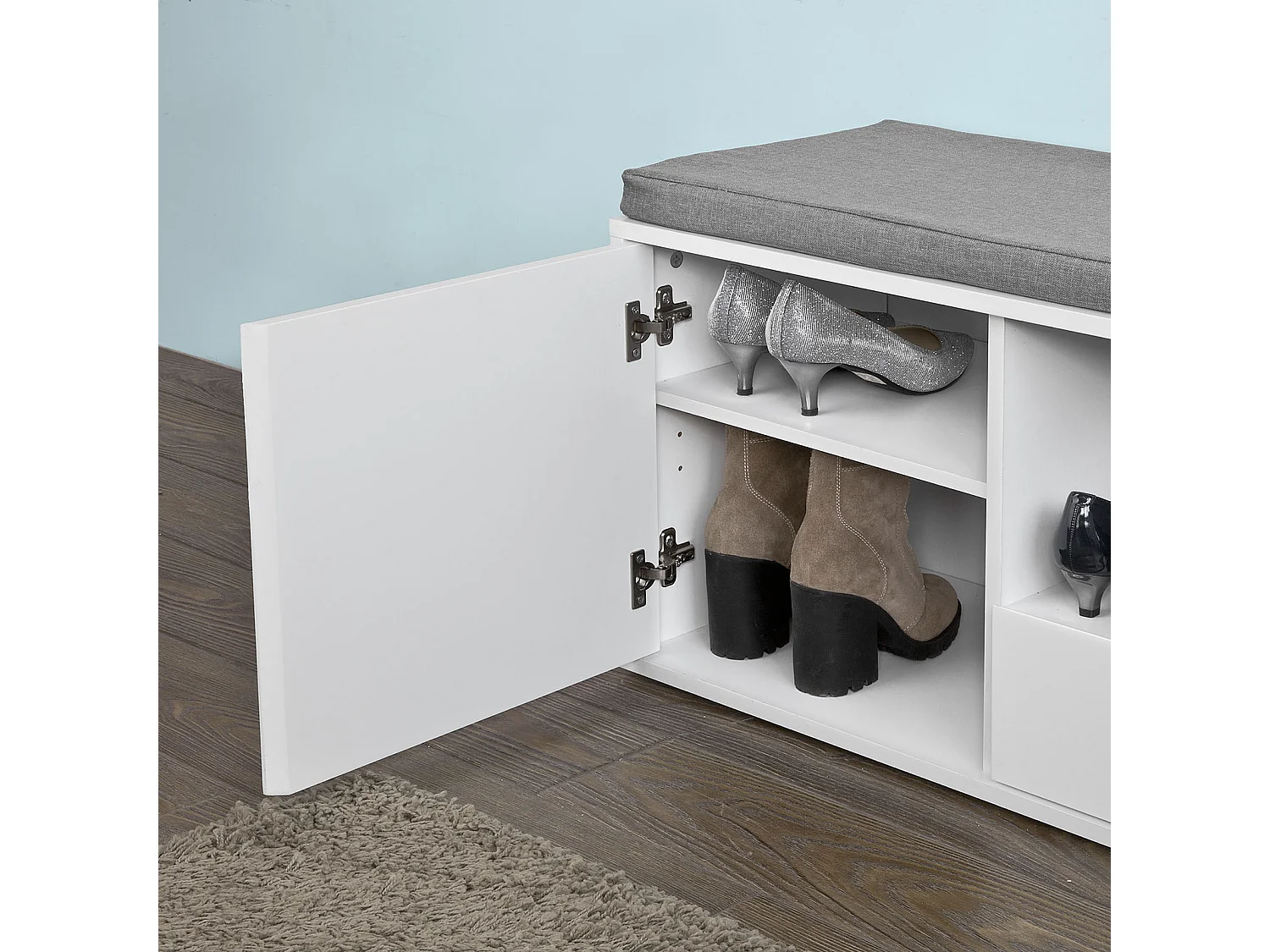 Banc de Rangement à Chaussures avec Coussin rembourré, tiroir et Étagères Meuble d'Entrée, FSR37-W