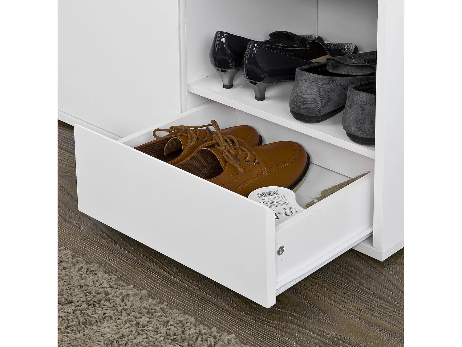 Banc de Rangement à Chaussures avec Coussin rembourré, tiroir et Étagères Meuble d'Entrée, FSR37-W