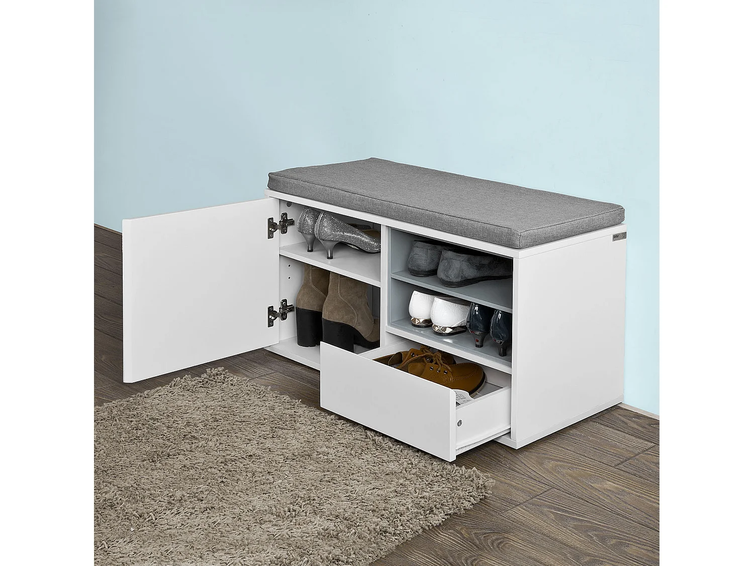 Banc de Rangement à Chaussures avec Coussin rembourré, tiroir et Étagères Meuble d'Entrée, FSR37-W