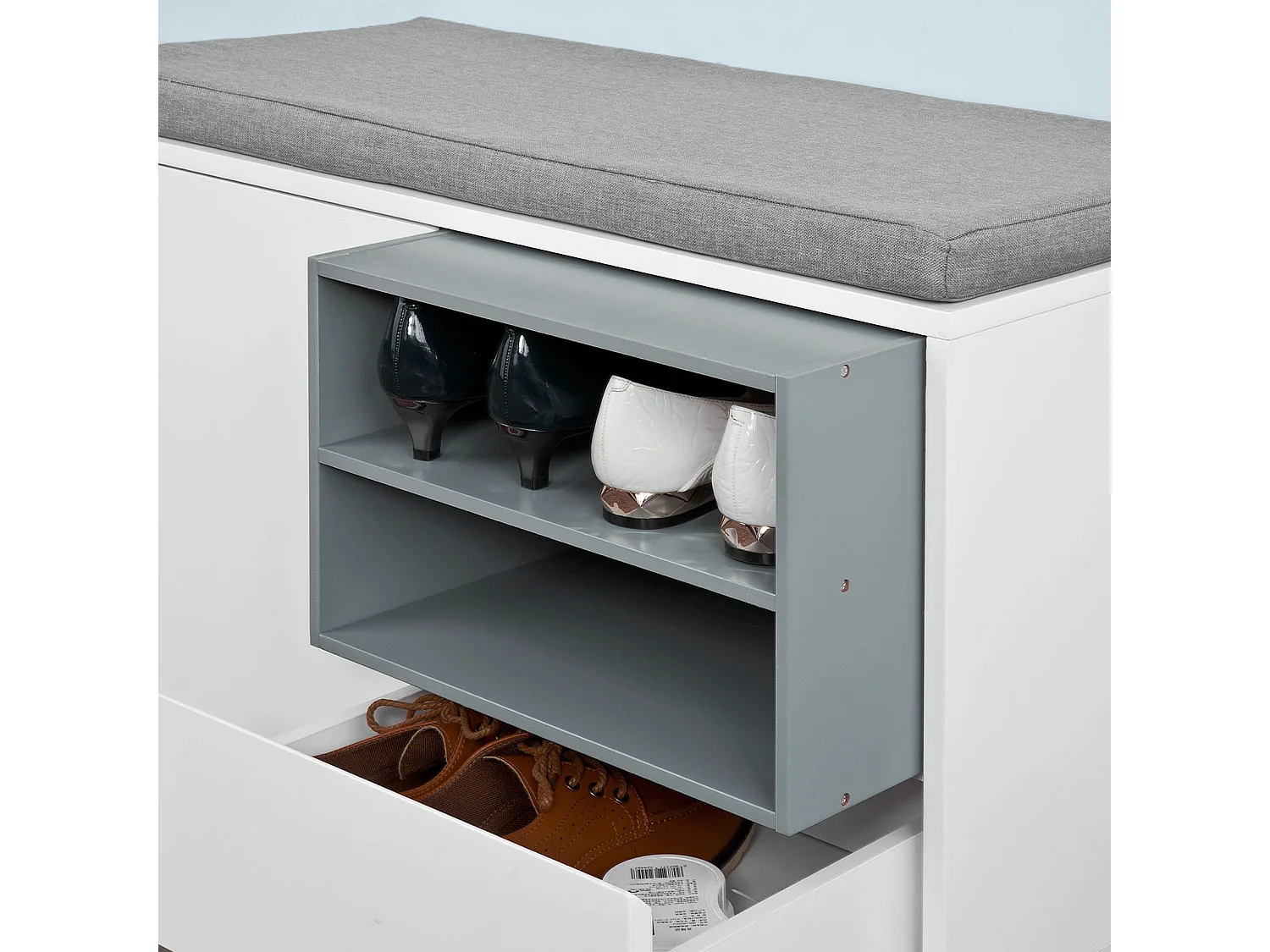 Banc de Rangement à Chaussures avec Coussin rembourré, tiroir et Étagères Meuble d'Entrée, FSR37-W