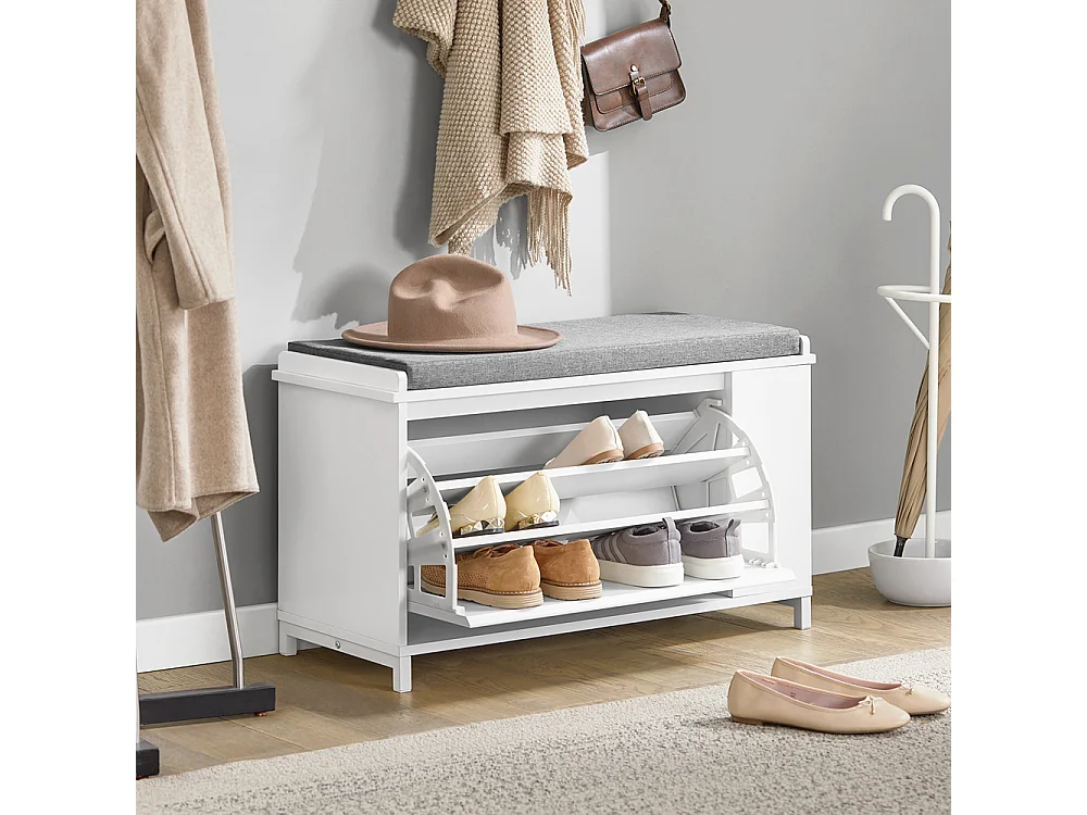SoBuy FSR105-W Schoenenbank met kussen, Schoenenrek met zitbank, Schoenenkast - met 1 klep en 1 open plank