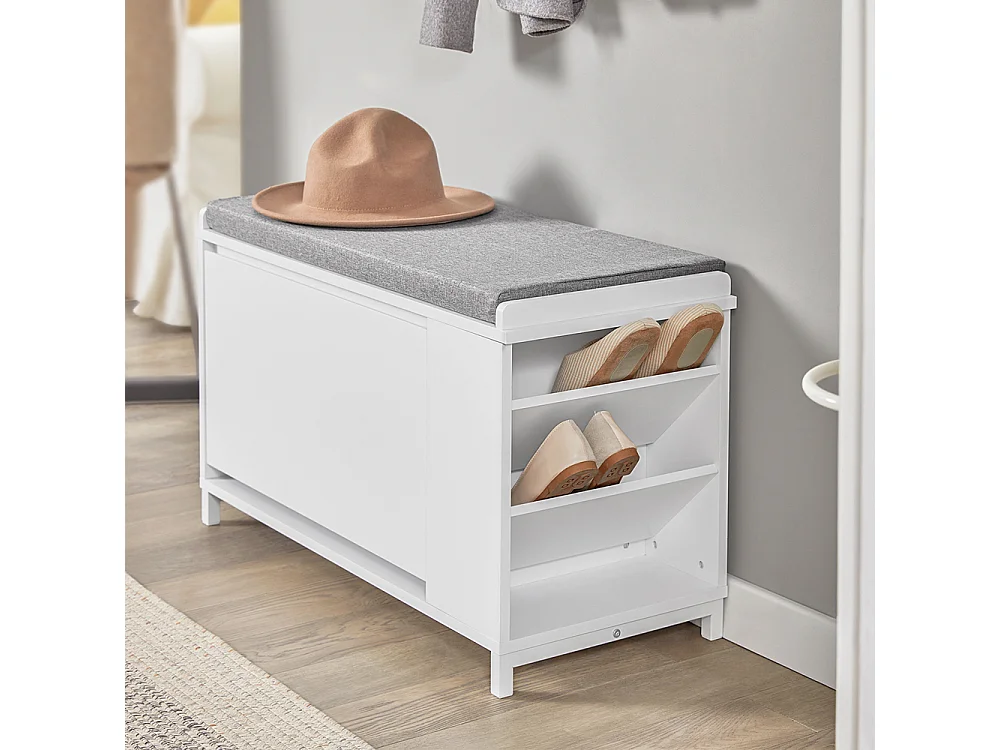SoBuy FSR105-W Schoenenbank met kussen, Schoenenrek met zitbank, Schoenenkast - met 1 klep en 1 open plank