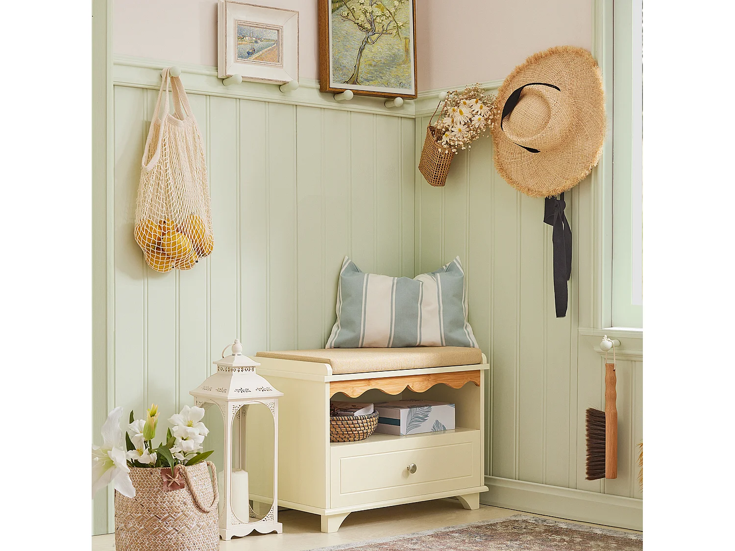 SoBuy FSR123-MI Schoenenbank, Schoenenkast met zitkussen, Opbergbank, Opbergkast, 1 Compartiment en 1 Lade, voor Gang, Entree, Slaapkamer