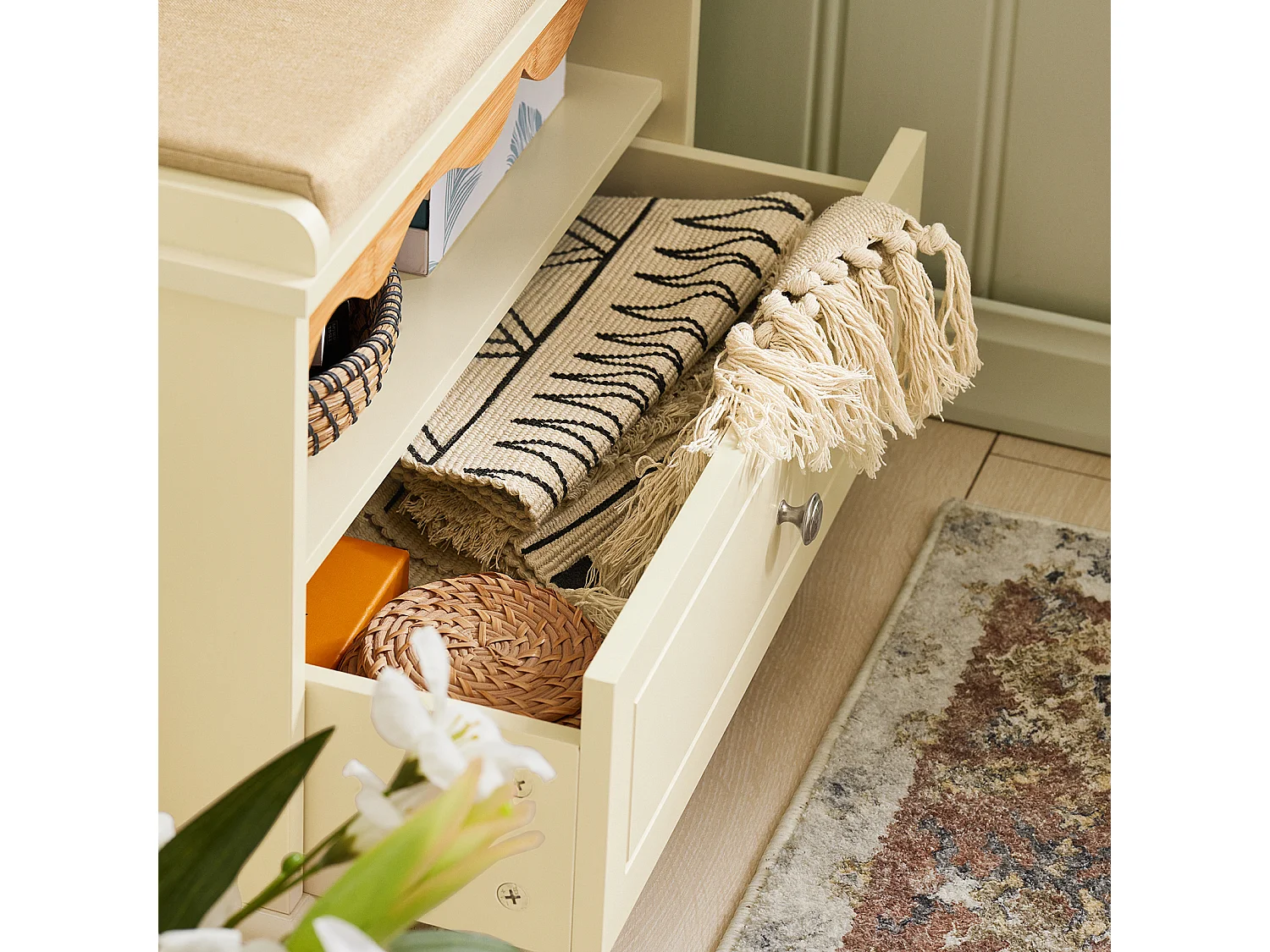 SoBuy FSR123-MI Schoenenbank, Schoenenkast met zitkussen, Opbergbank, Opbergkast, 1 Compartiment en 1 Lade, voor Gang, Entree, Slaapkamer