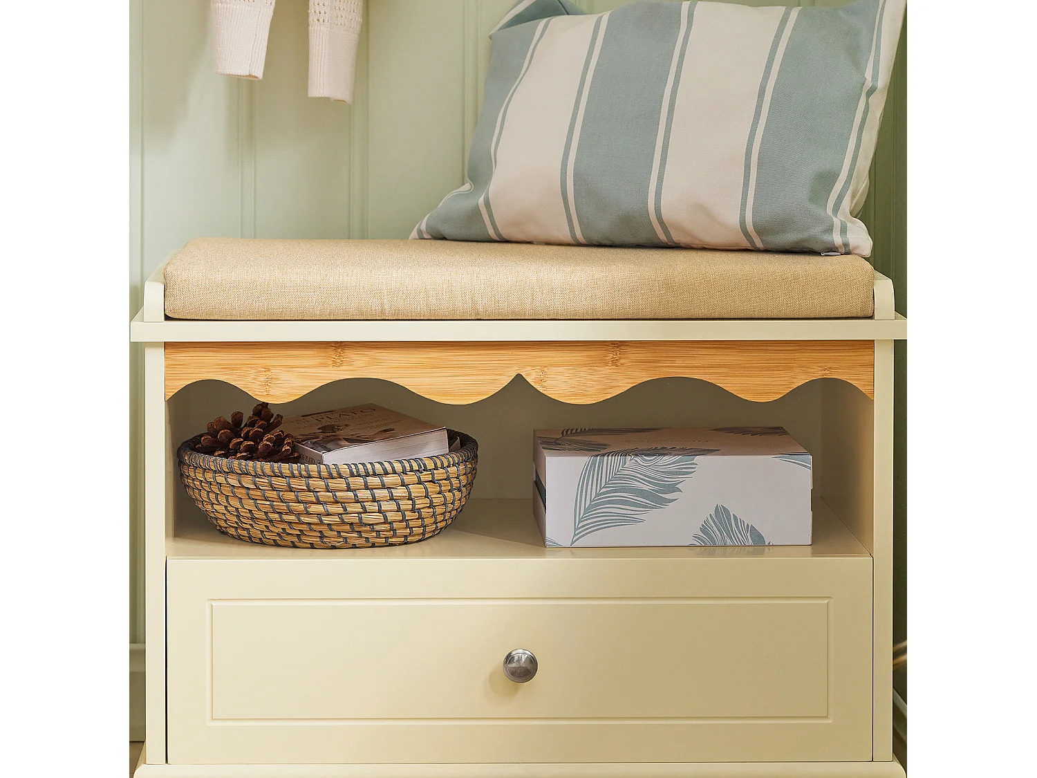 SoBuy FSR123-MI Schoenenbank, Schoenenkast met zitkussen, Opbergbank, Opbergkast, 1 Compartiment en 1 Lade, voor Gang, Entree, Slaapkamer