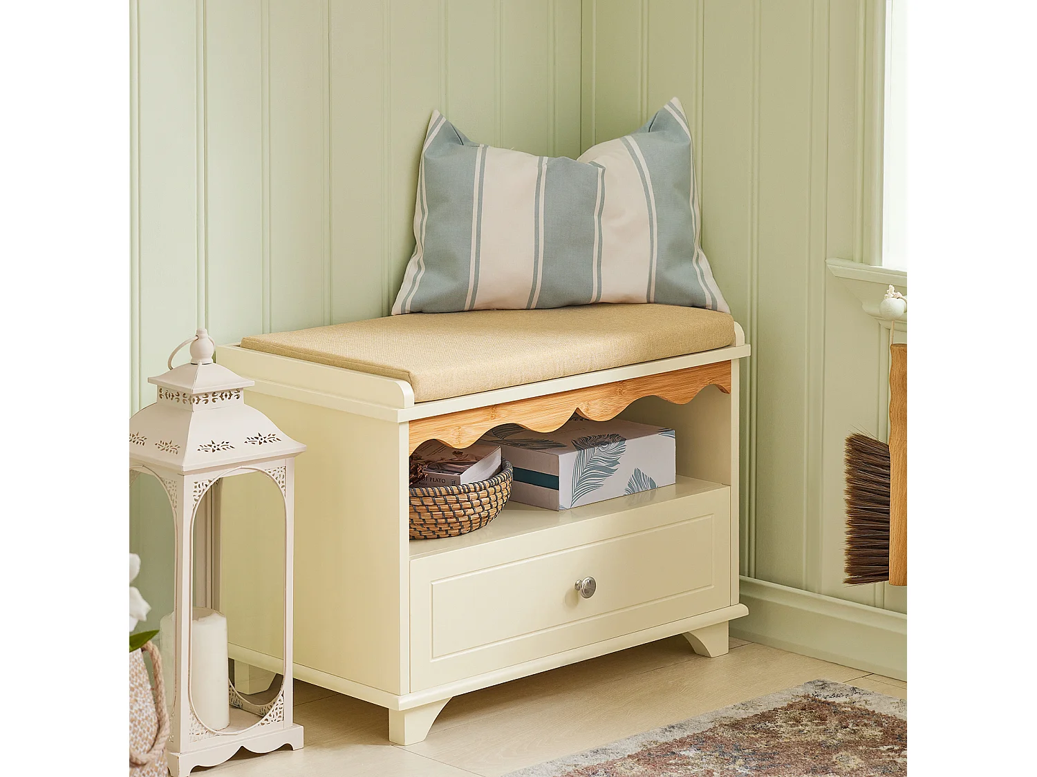 SoBuy FSR123-MI Schoenenbank, Schoenenkast met zitkussen, Opbergbank, Opbergkast, 1 Compartiment en 1 Lade, voor Gang, Entree, Slaapkamer