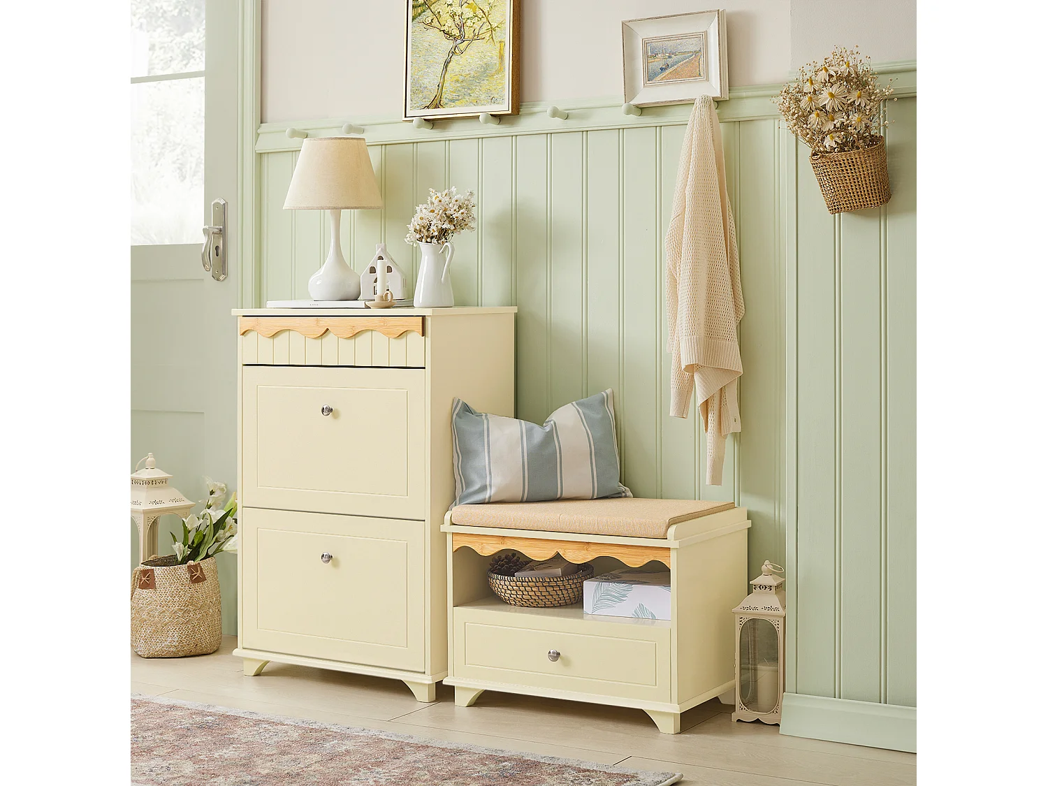 SoBuy FSR123-MI Schoenenbank, Schoenenkast met zitkussen, Opbergbank, Opbergkast, 1 Compartiment en 1 Lade, voor Gang, Entree, Slaapkamer