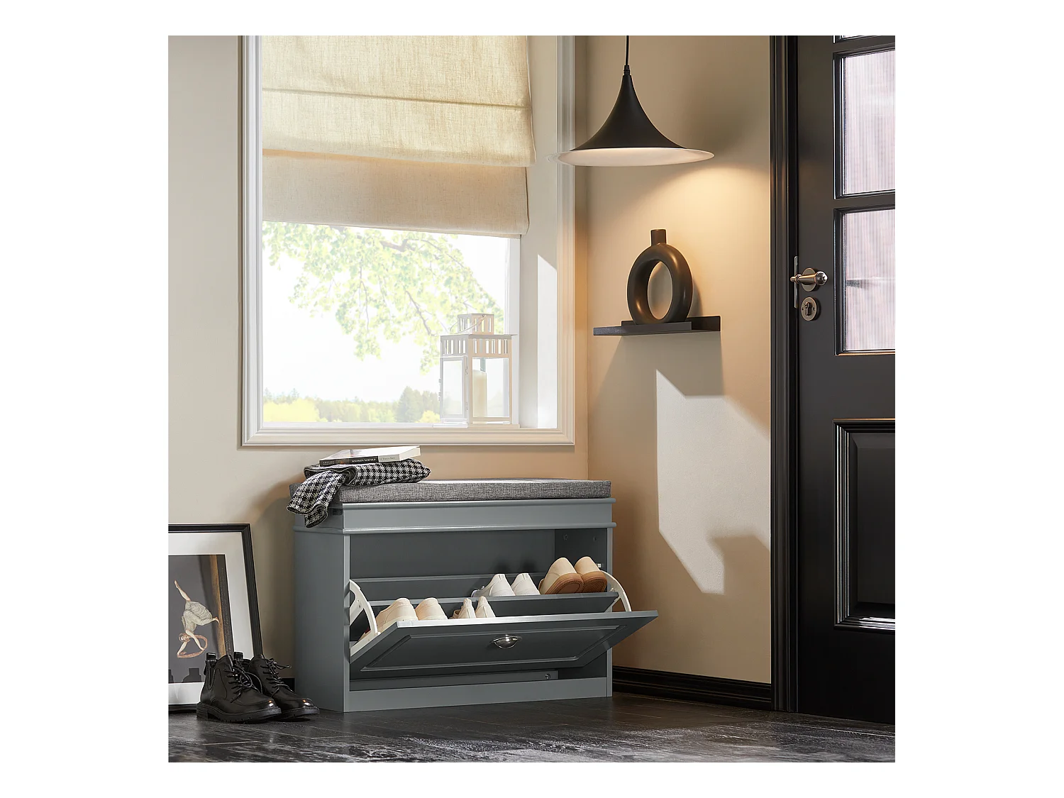 Banc à Chaussures Meuble à Chaussures avec Assise Coussin Rembourré et Abattant Gris, FSR82-L-HG