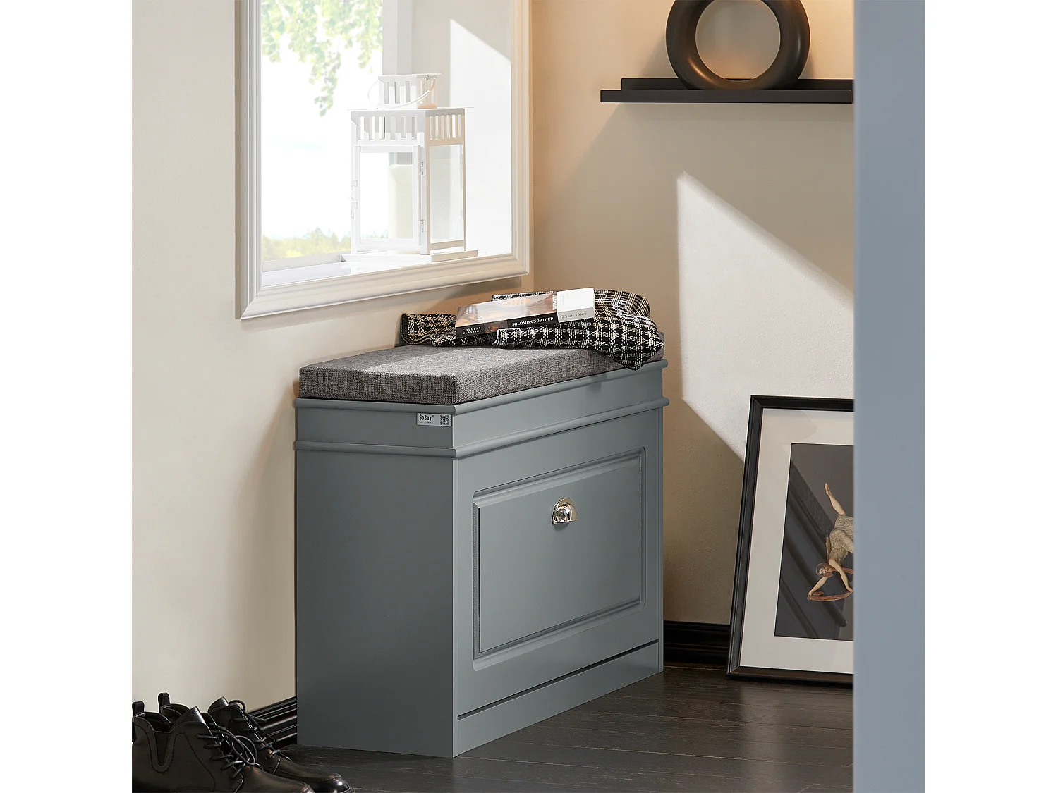 Banc à Chaussures Meuble à Chaussures avec Assise Coussin Rembourré et Abattant Gris, FSR82-L-HG