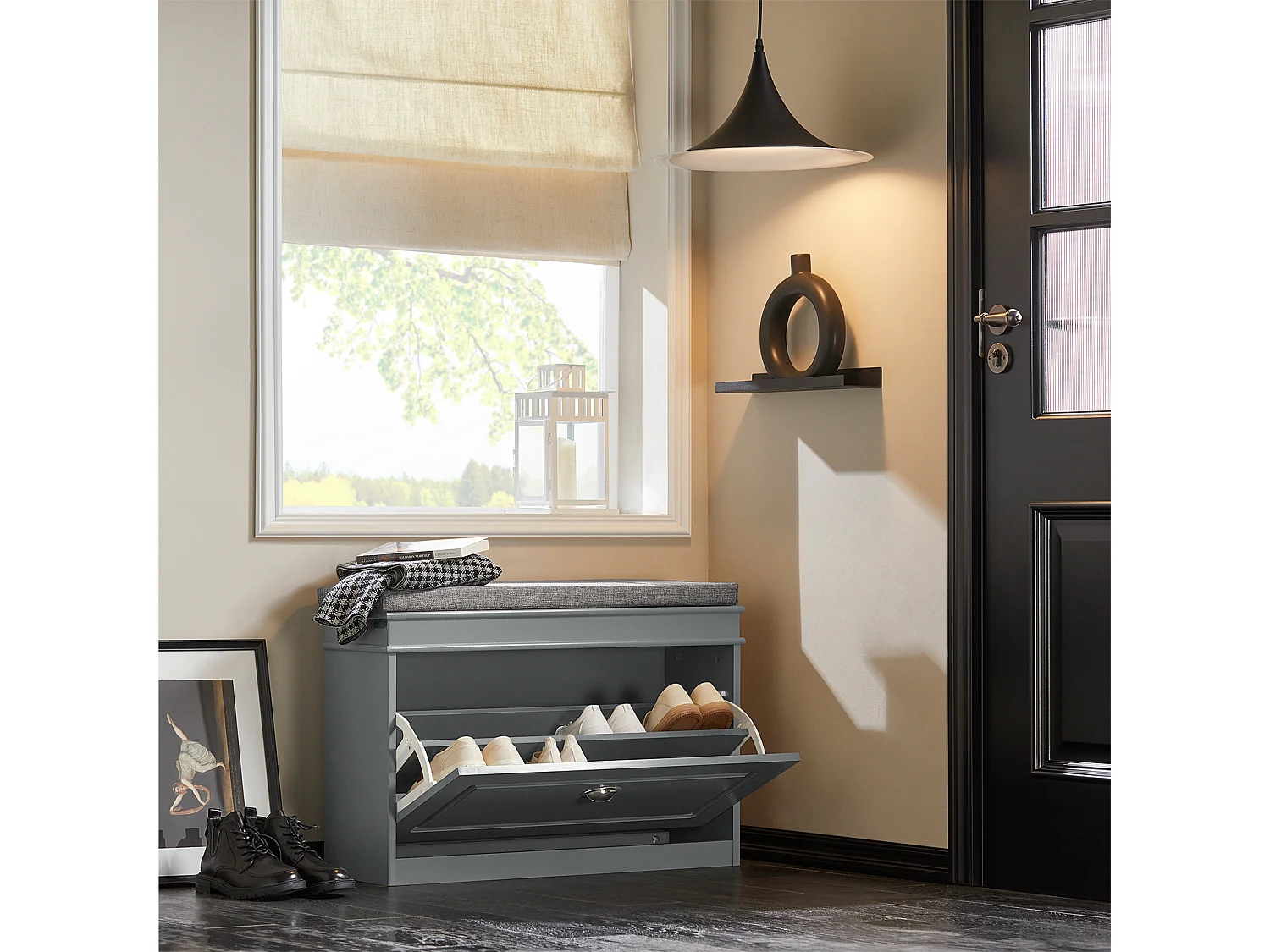 Banc à Chaussures Meuble à Chaussures avec Assise Coussin Rembourré et Abattant Gris, FSR82-L-HG