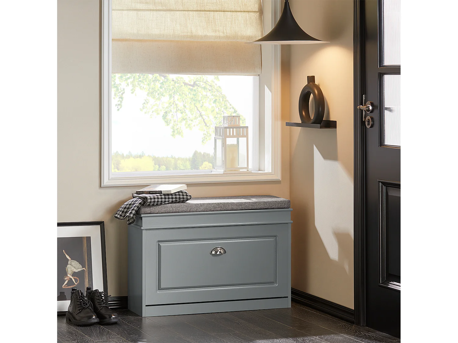 Banc à Chaussures Meuble à Chaussures avec Assise Coussin Rembourré et Abattant Gris, FSR82-L-HG