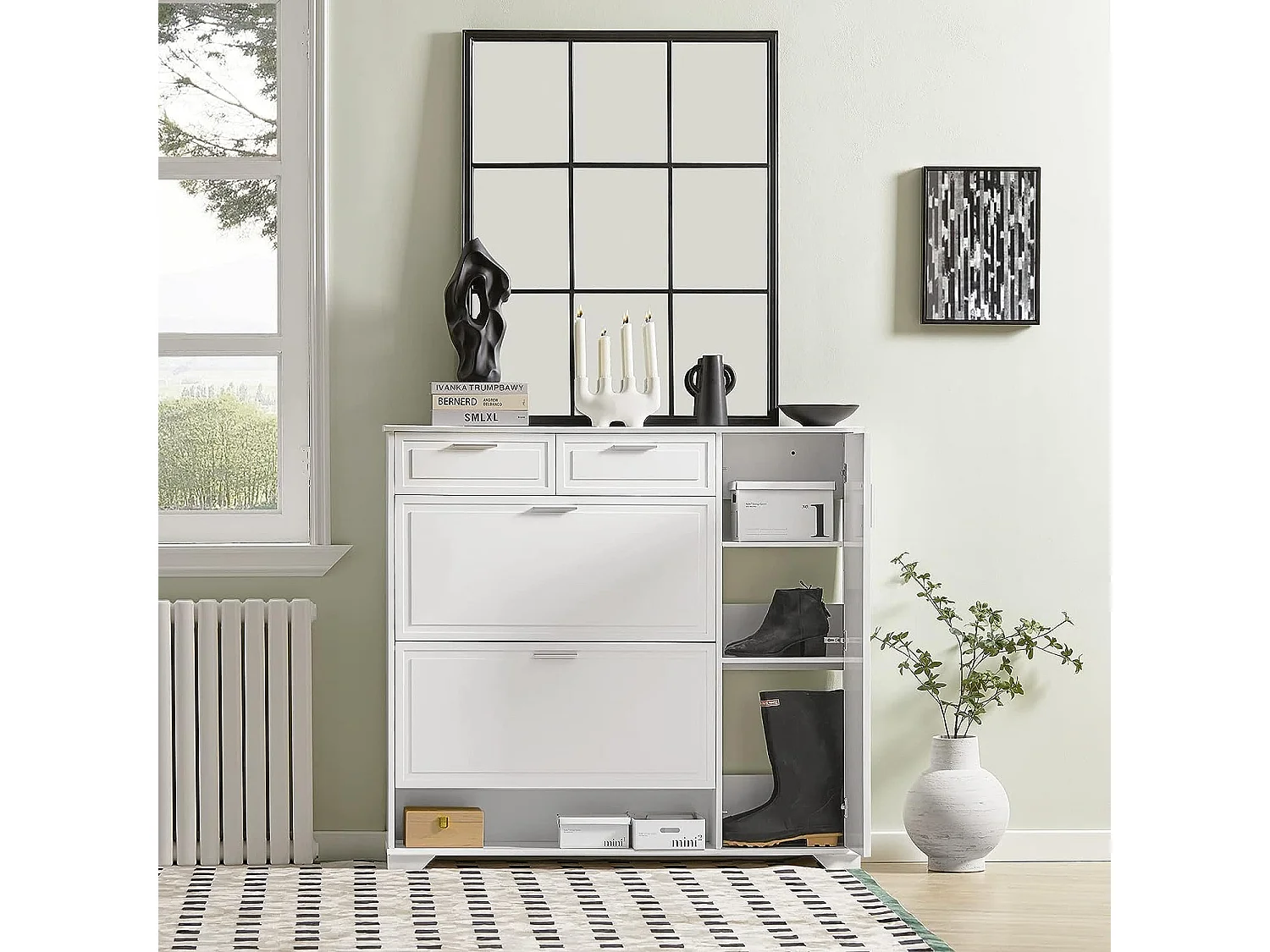 SoBuy FSR104-W Schoenenkast hout, Schoenenrek, Schoenen Opbergkast, Schoenencommode, met 2 Kleppen, 2 Lades, 1 Deur en 1 Open Compartiment