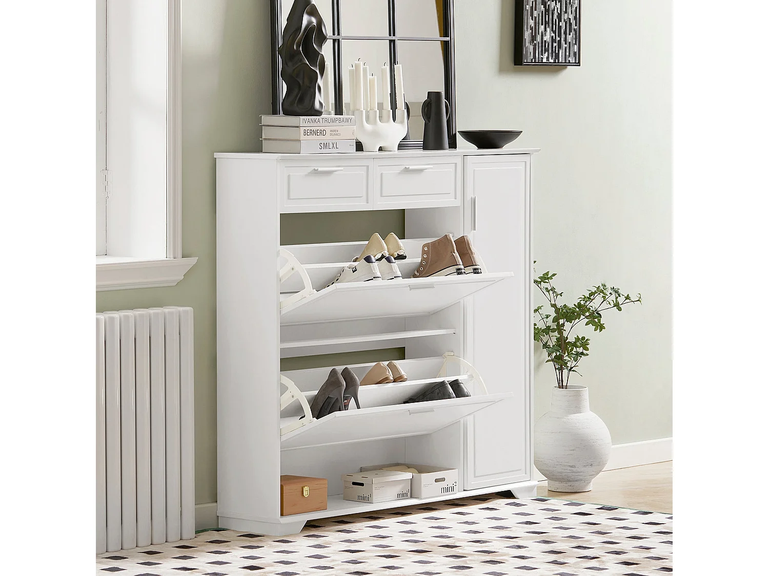 SoBuy FSR104-W Schoenenkast hout, Schoenenrek, Schoenen Opbergkast, Schoenencommode, met 2 Kleppen, 2 Lades, 1 Deur en 1 Open Compartiment