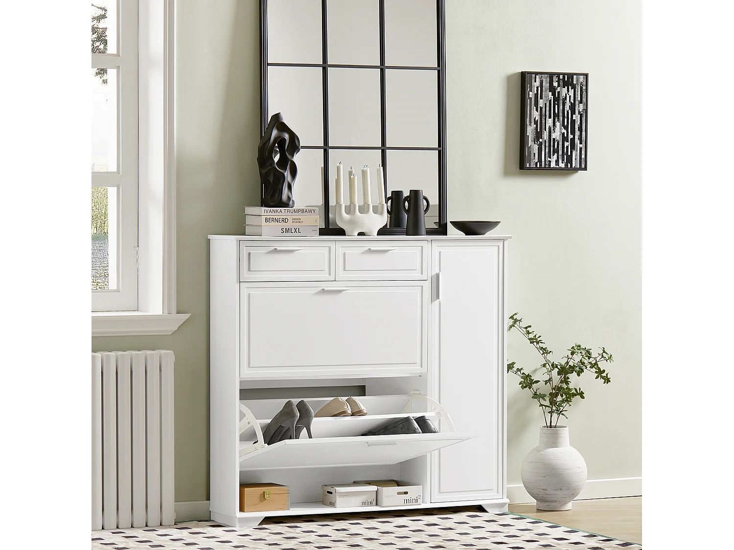 SoBuy FSR104-W Schoenenkast hout, Schoenenrek, Schoenen Opbergkast, Schoenencommode, met 2 Kleppen, 2 Lades, 1 Deur en 1 Open Compartiment