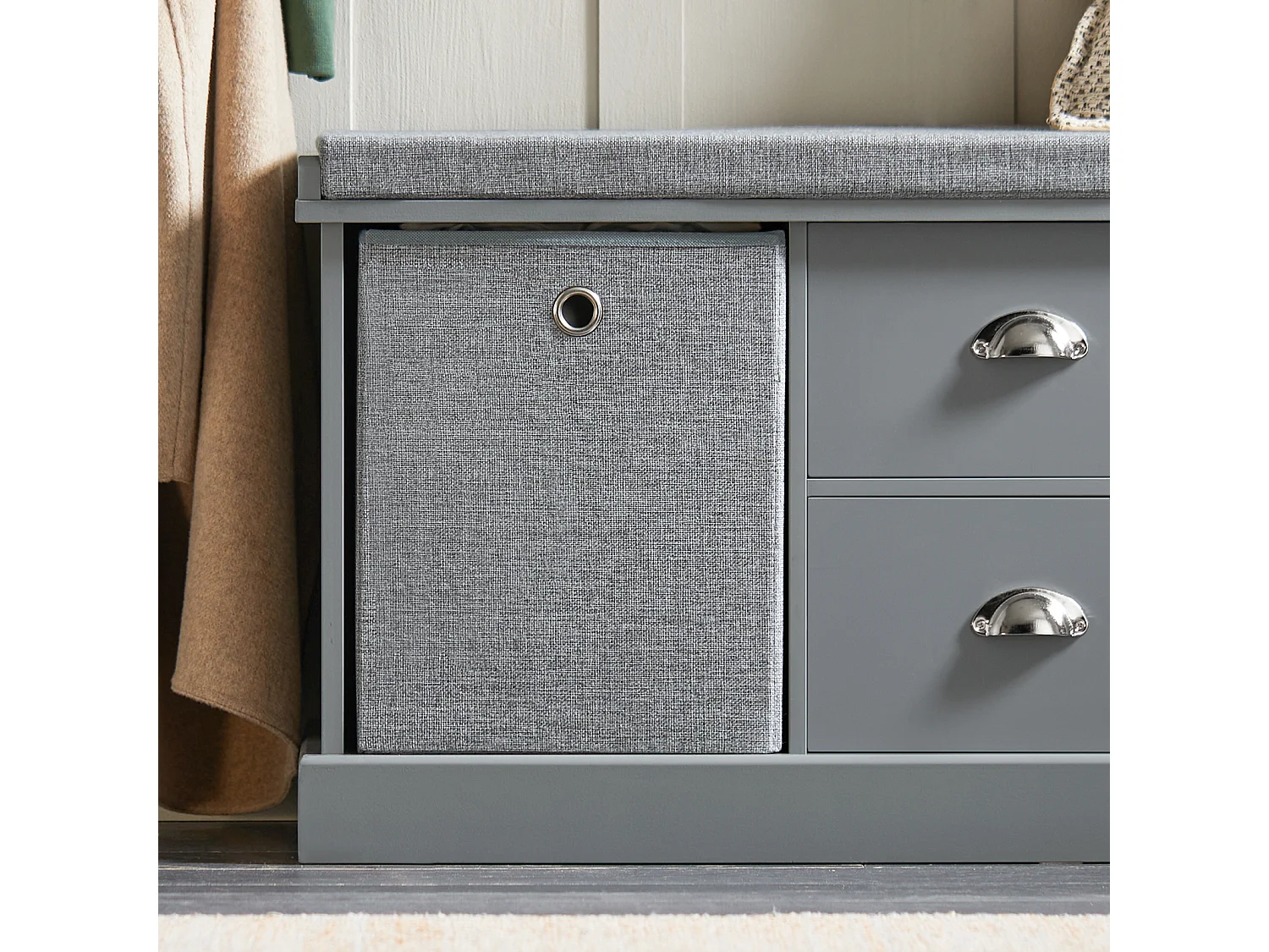 SoBuy FSR66-DG zitcommode zitbank met opbergruimte schoenenbank met zitvlak met 2 grijze manden en 2 schuifladen