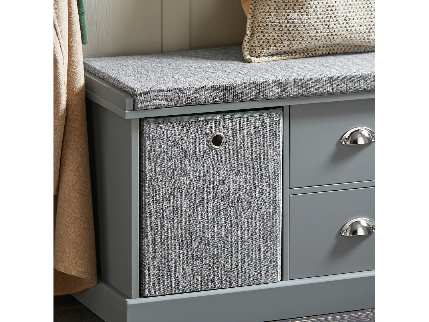 SoBuy FSR66-DG zitcommode zitbank met opbergruimte schoenenbank met zitvlak met 2 grijze manden en 2 schuifladen