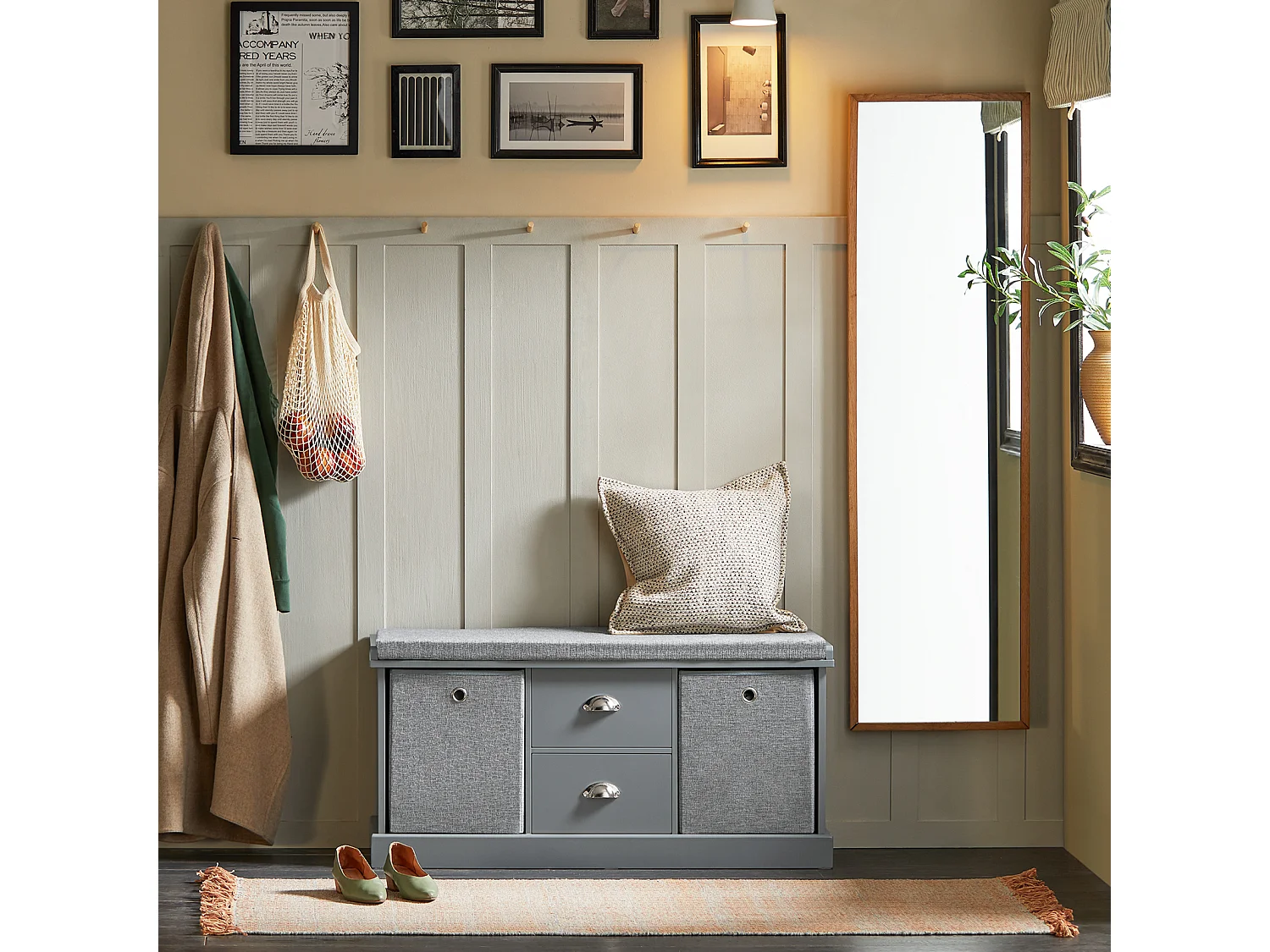 SoBuy FSR66-DG zitcommode zitbank met opbergruimte schoenenbank met zitvlak met 2 grijze manden en 2 schuifladen