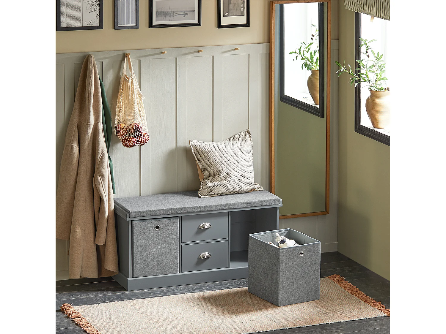 SoBuy FSR66-DG zitcommode zitbank met opbergruimte schoenenbank met zitvlak met 2 grijze manden en 2 schuifladen