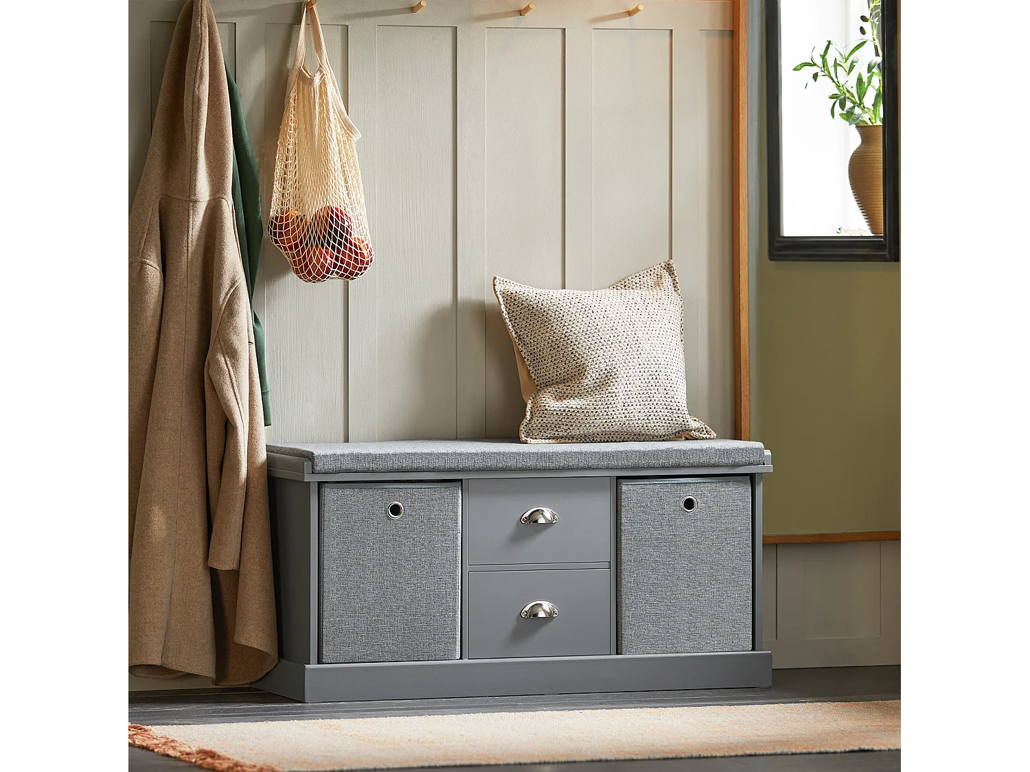 SoBuy FSR66-DG zitcommode zitbank met opbergruimte schoenenbank met zitvlak met 2 grijze manden en 2 schuifladen