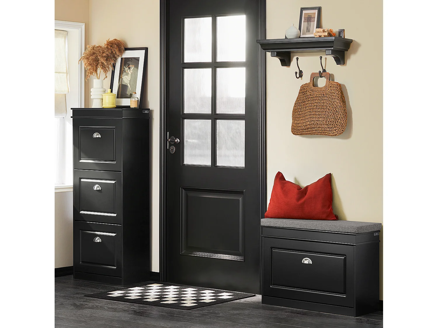 Banc à Chaussures Meuble à Chaussures avec Assise Coussin Rembourré et Abattant Noir, FSR82-L-SCH