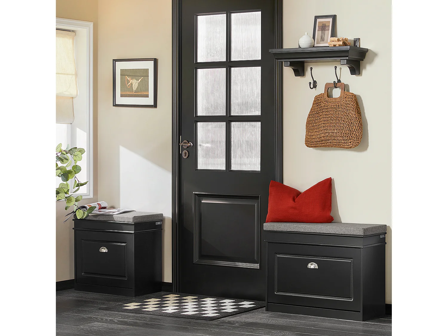 Banc à Chaussures Meuble à Chaussures avec Assise Coussin Rembourré et Abattant Noir, FSR82-L-SCH