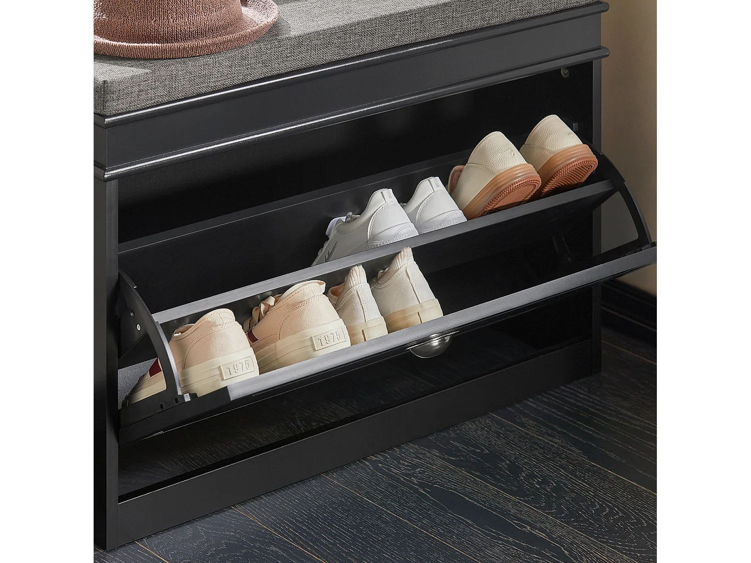 Banc à Chaussures Meuble à Chaussures avec Assise Coussin Rembourré et Abattant Noir, FSR82-L-SCH