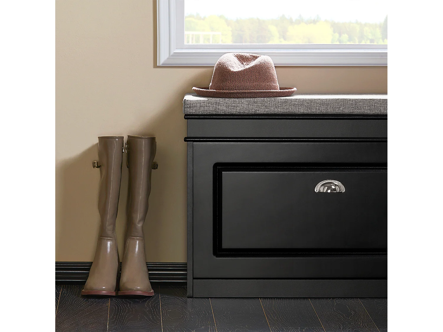 Banc à Chaussures Meuble à Chaussures avec Assise Coussin Rembourré et Abattant Noir, FSR82-L-SCH