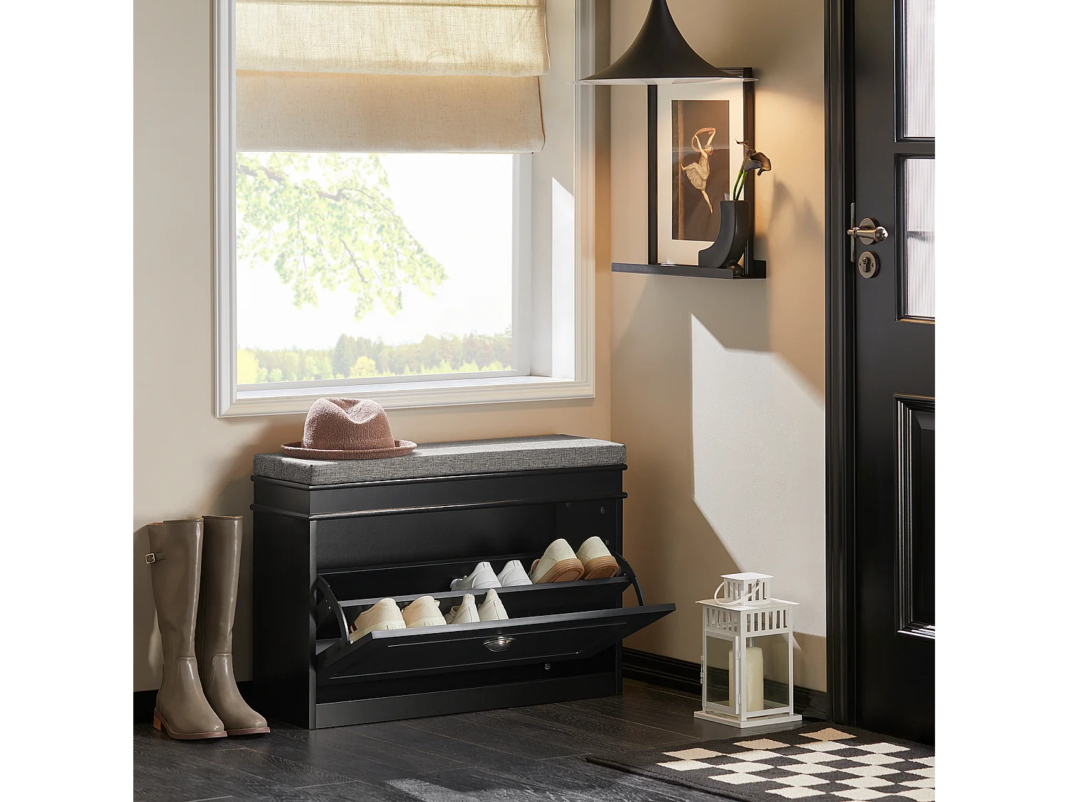 Banc à Chaussures Meuble à Chaussures avec Assise Coussin Rembourré et Abattant Noir, FSR82-L-SCH