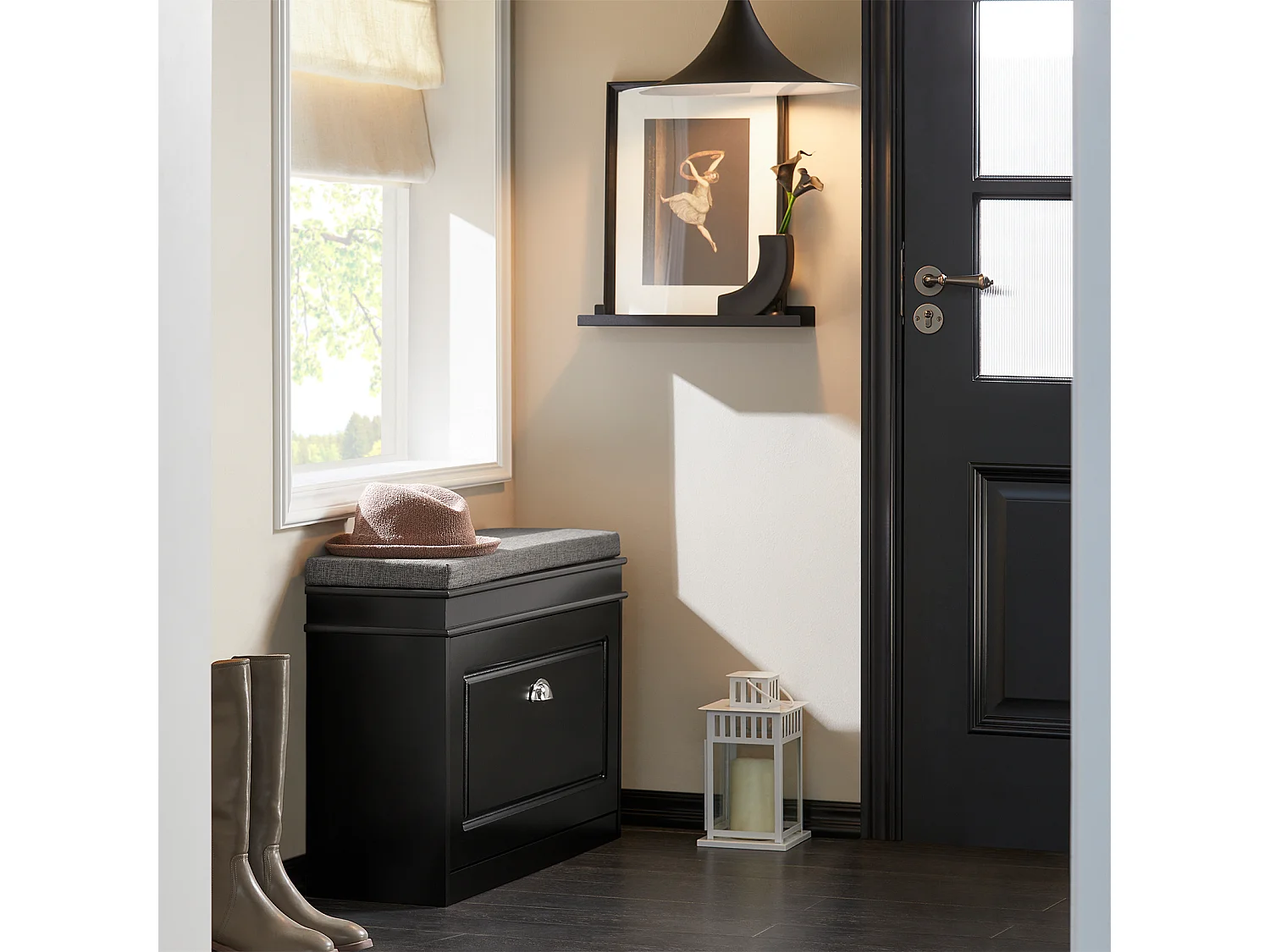 Banc à Chaussures Meuble à Chaussures avec Assise Coussin Rembourré et Abattant Noir, FSR82-L-SCH