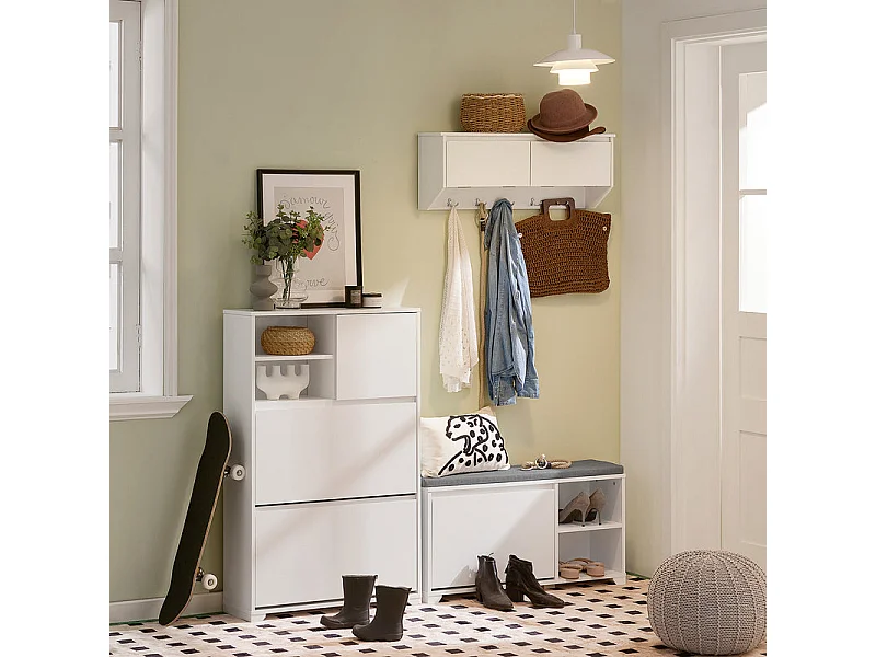 SoBuy FSR111-W Schoenenkast - Schoenenrek - Schoenencommode met 2 Kleppen, 2 Open Compartimenten en 1 Deur