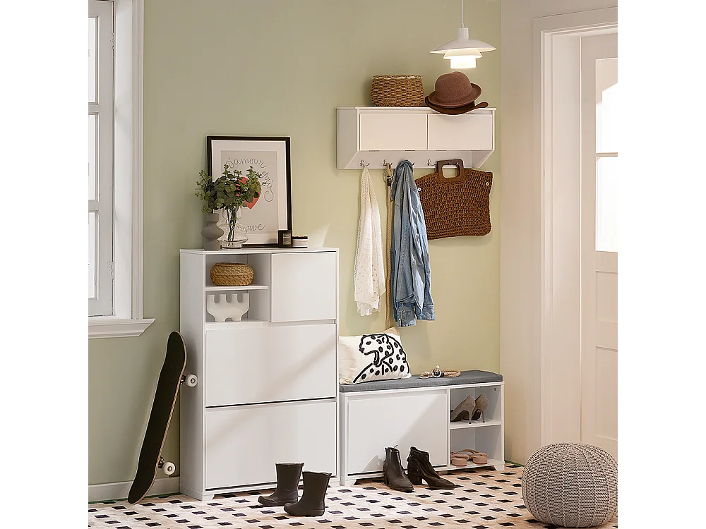 SoBuy FSR111-W Schoenenkast - Schoenenrek - Schoenencommode met 2 Kleppen, 2 Open Compartimenten en 1 Deur