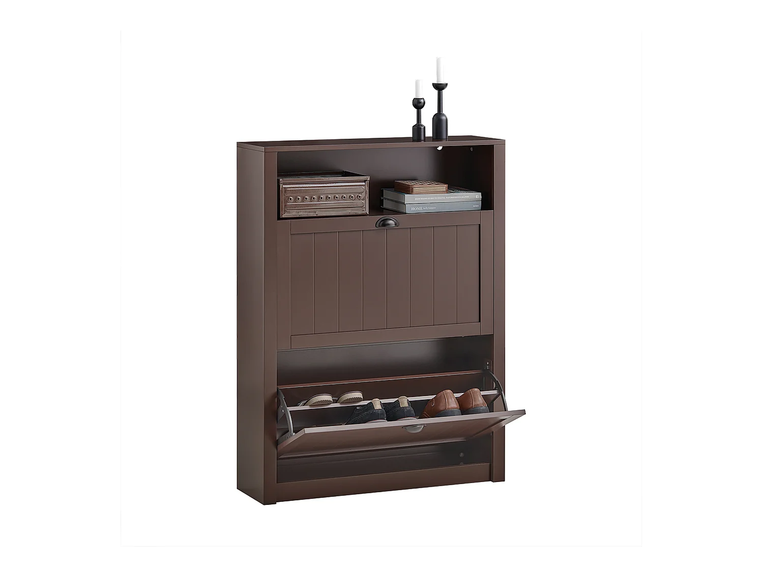 SoBuy FSR87-BR Schoenenkast smal met 2 kleppen schoenenrek met 4 legplanken schoenencommode met extra vak schoenenrek bruin