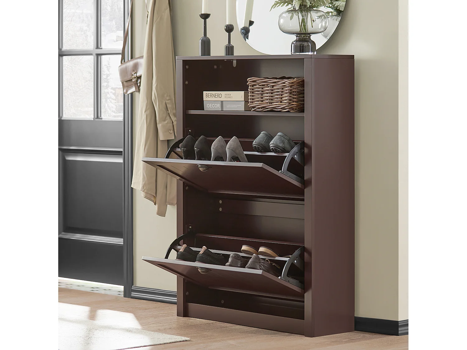 SoBuy FSR87-BR Schoenenkast smal met 2 kleppen schoenenrek met 4 legplanken schoenencommode met extra vak schoenenrek bruin