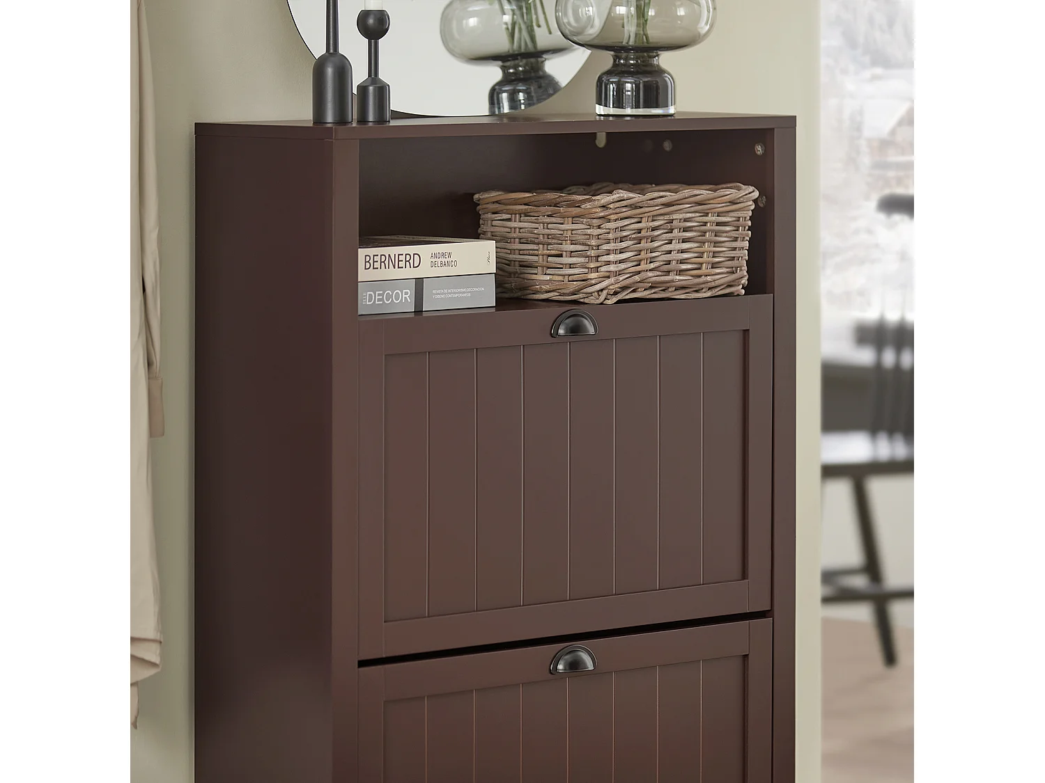 SoBuy FSR87-BR Schoenenkast smal met 2 kleppen schoenenrek met 4 legplanken schoenencommode met extra vak schoenenrek bruin