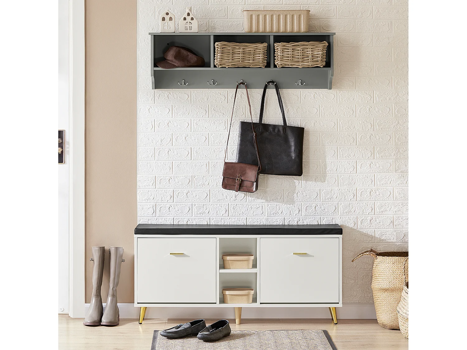 Sobuy FSR132-W Schoenenbank, Schoenenrek, Schoenenkast met 2 Open Deuren en 2 Open Vakken en PU-Zitkussen, Schoenencommode