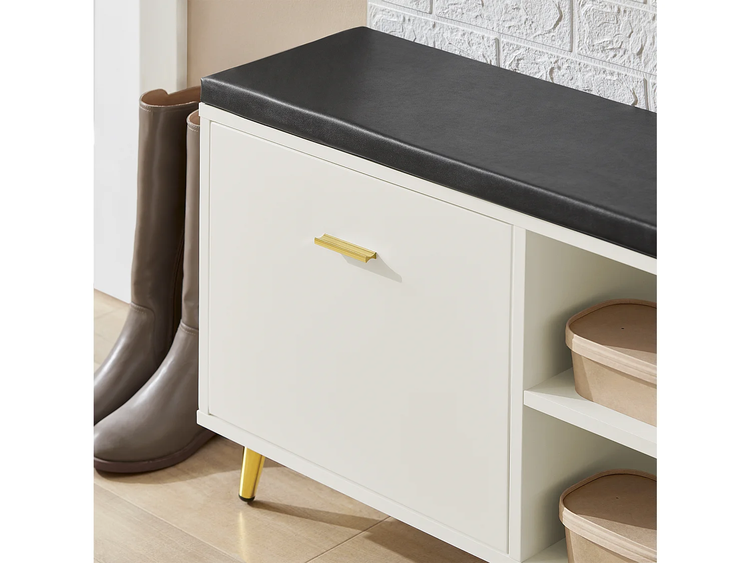 Sobuy FSR132-W Schoenenbank, Schoenenrek, Schoenenkast met 2 Open Deuren en 2 Open Vakken en PU-Zitkussen, Schoenencommode