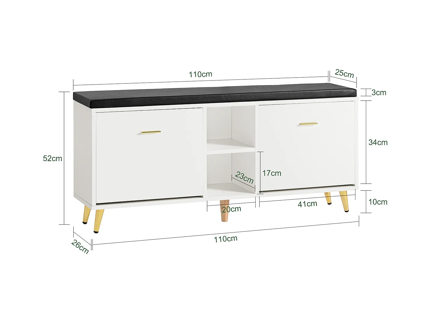 Banc à Chaussures, Armoire à Chaussures 2 Abattants avec 2 Compartiments Ouvert et Coussin, FSR132-W