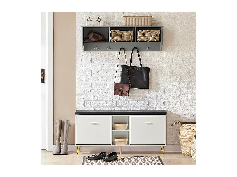 Banc à Chaussures, Armoire à Chaussures 2 Abattants avec 2 Compartiments Ouvert et Coussin, FSR132-W