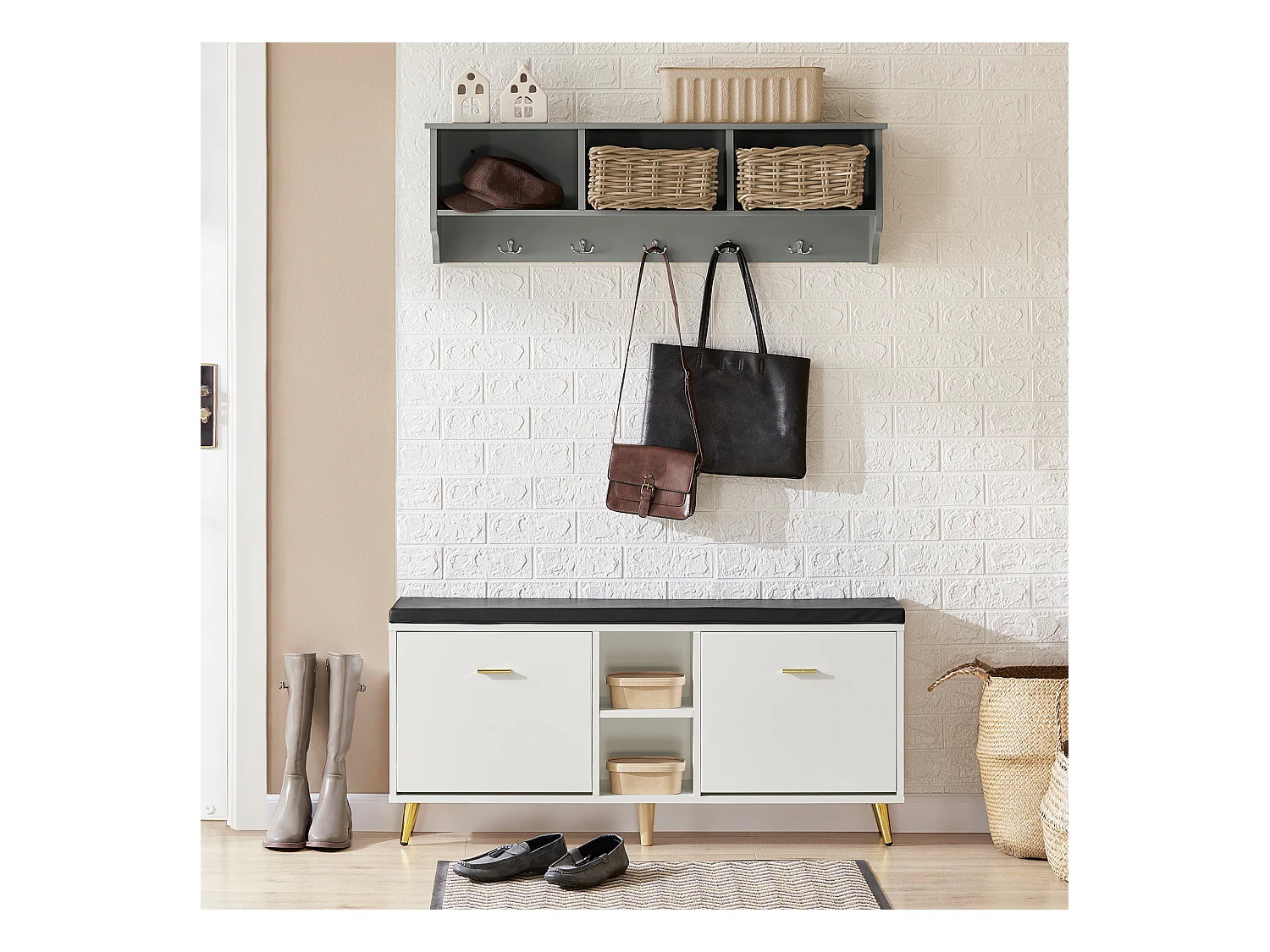 Banc à Chaussures, Armoire à Chaussures 2 Abattants avec 2 Compartiments Ouvert et Coussin, FSR132-W